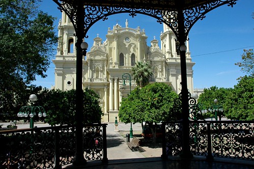 Catholic Church through the detail of the Iron Gazebo, Town Square, Hermosilla, Jalisco, Mexico by Wonderlane