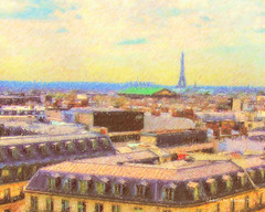 Digital Color Pencil Drawing of the Eiffel Tower Seen from the Roof of the Galeries Lafayette