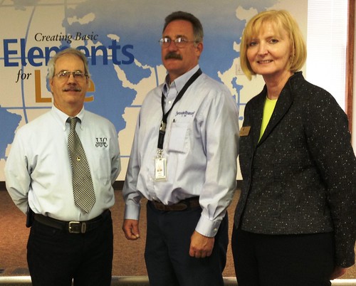 PCIT instructor Ed Meyers, LyondellBasell Morris Complex Site Manager Brian Angwin, and JJC President Dr. Deb Daniels at the check presentation ceremony.