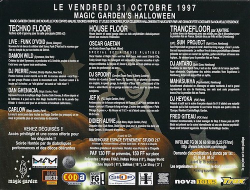 Patrice Heyoka - Flyer 31/10/1997 - Magic Garden "Halloween" (Paris) <a style="margin-left:10px; font-size:0.8em;" href="http://www.flickr.com/photos/110110699@N03/11351645596/" target="_blank">@flickr</a>