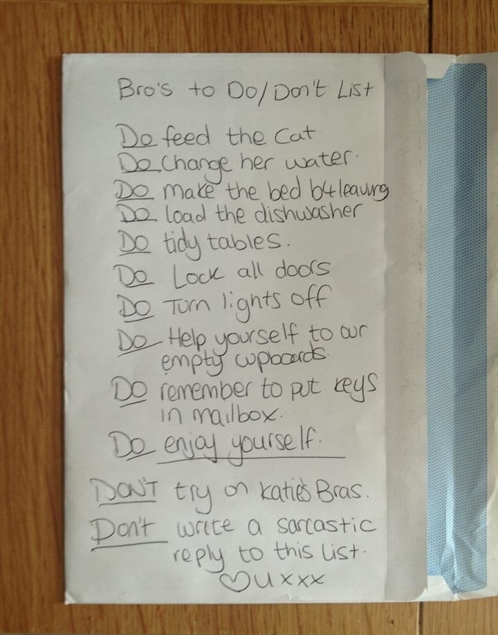 DO feed the cat. DO change her water. DON'T try on Katie's bras. DON'T write a sarcastic reply to this list.
