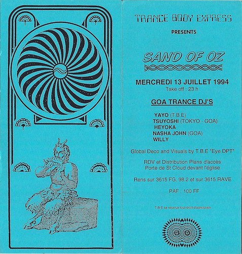 Patrice Heyoka - Flyer 13/07/1994 - TBE "Sand of Oz" (Paris) <a style="margin-left:10px; font-size:0.8em;" href="http://www.flickr.com/photos/110110699@N03/11308149023/" target="_blank">@flickr</a>