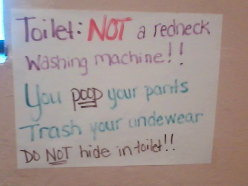 Toilet: Not a Redneck Washing Machine!! You poop your pants Trash your underwear Do not hide in toilet!!