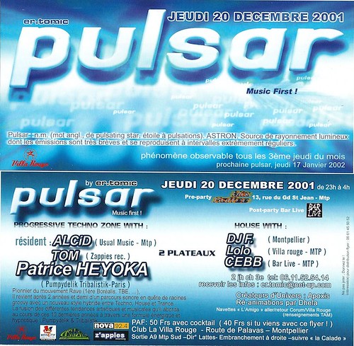 Dj Patrice Heyoka - Flyer 20/12/2001 - er.tomic "Pulsar" @ Villa Rouge (Montpellier) <a style="margin-left:10px; font-size:0.8em;" href="http://www.flickr.com/photos/110110699@N03/12211100415/" target="_blank">@flickr</a>