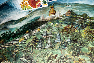 Wall painting of Kathmandu's Swayamboudha Stupa at Drigung Kagyud Dharmaraja Foundation in Lumbini - birthplace of the Buddha - Nepal