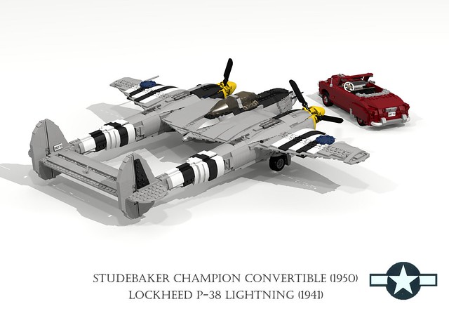 auto classic car plane airplane model europe fighter lego pacific render aircraft air wwii champion indiana convertible aeroplane 1950s studebaker lightning bomber lockheed challenge 1950 1941 spinner cad 79 lugnuts povray moc softtop p38 ldd usaaf miniland turbosupercharge lego911 lugnutsgoeswingnuts