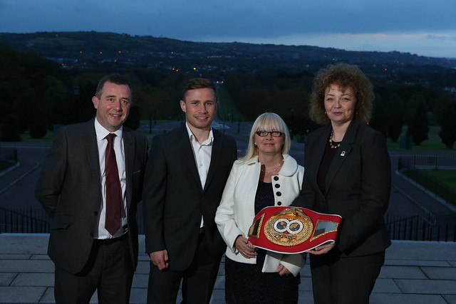 Sports Minister Carál Ní Chuilín pictured along with Carl Frampton at Parliament Buildings along with Carls Mum Flo and Dad Craig Frampton.