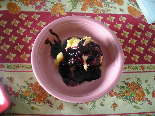 Peach Ice Cream with Blueberry Syrup