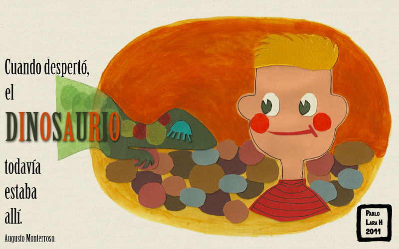 Illustration for Augusto Monterrosso Cuando despertó el dinosaurio todavia estaba ahí. A blond kid is looking to a green dinosaur with scales in different color.