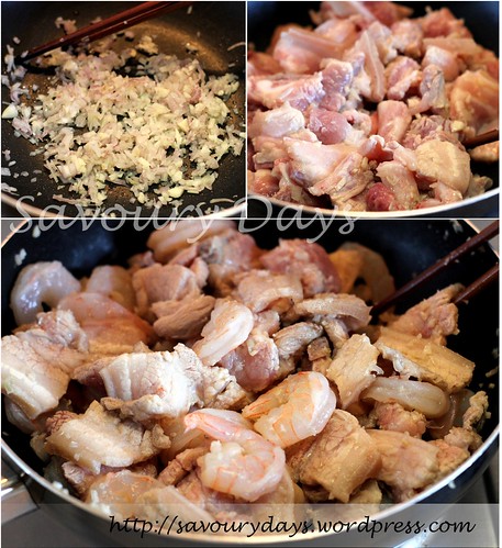 Caramelized shrimps and pork belly