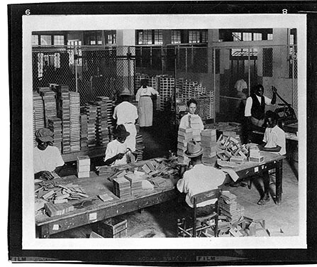 Box making department for cigars at B. and J.B. Machado's, Kingston, Jamaica [date unknown]