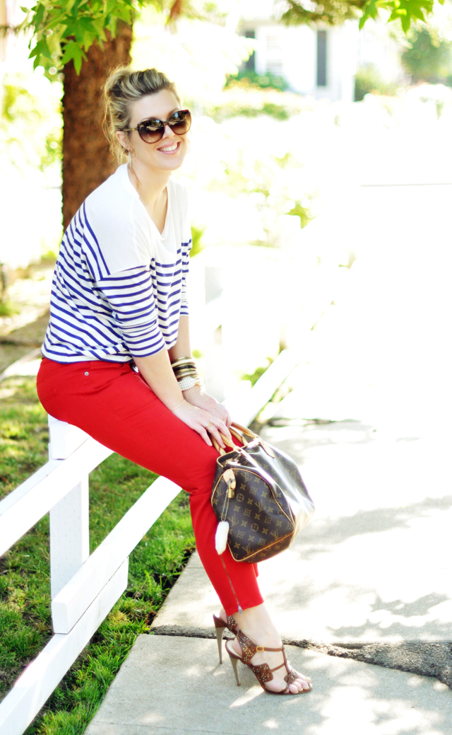 1 red pants and striped top with gucci cat eye sunglasses and louis vuitton bag