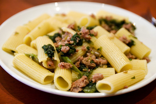 Penne con sausage and swiss chard