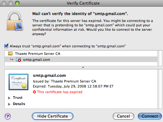 how to verify server certificate for gmail on mac