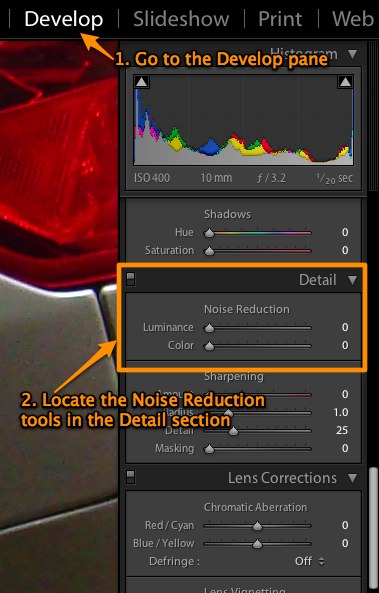 Locate the Color Noise Reduction tool in Adobe Lightroom