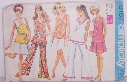 Vintage Simplicity Pattern 8187 Mod, Groovy, Hip, Bell Bottom pants, Overblouse, flared skirt, size 10, bust 32.5