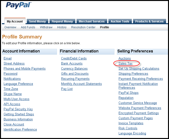 PayPal Sales Tax Screen Shot