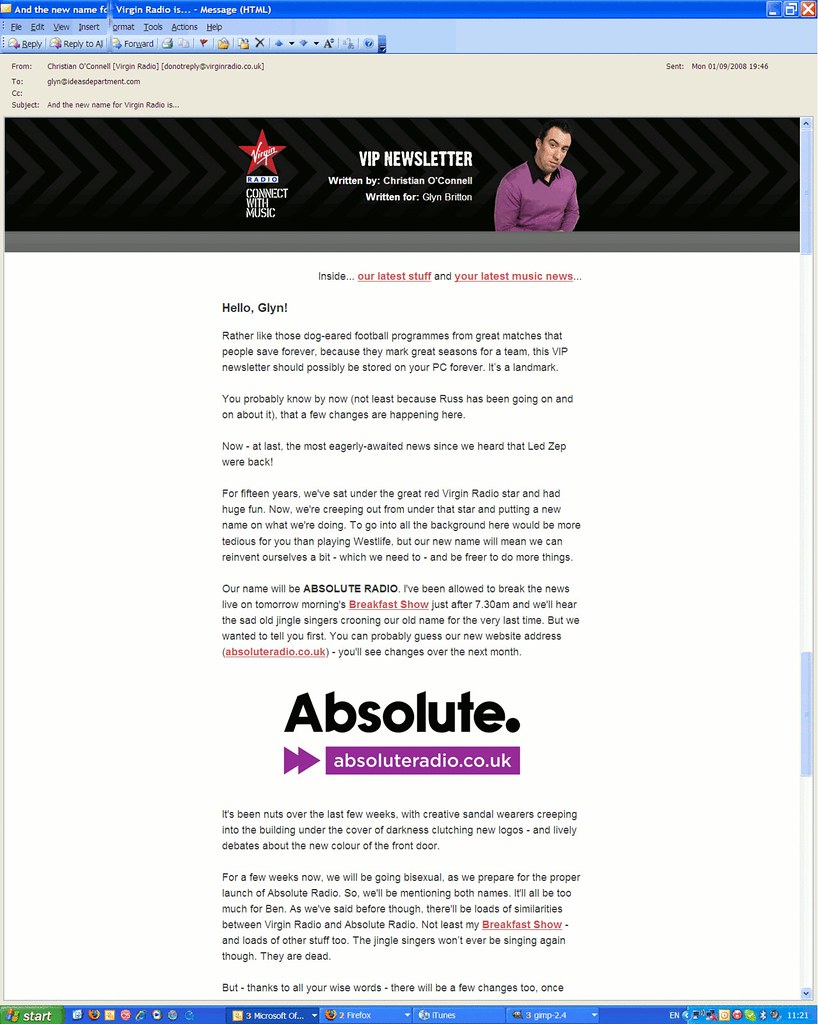 Absolute Radio announcement email