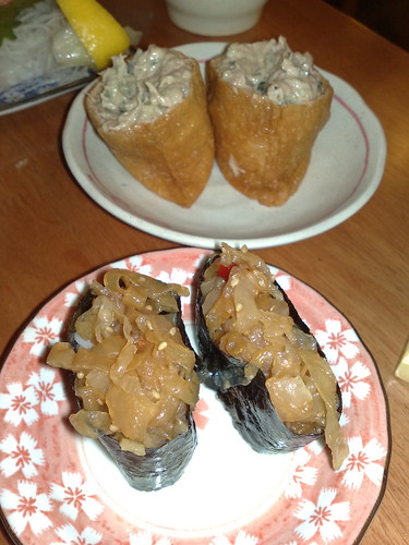 Jellyfish/Chuka Kurage sushi and inari tuna salad.