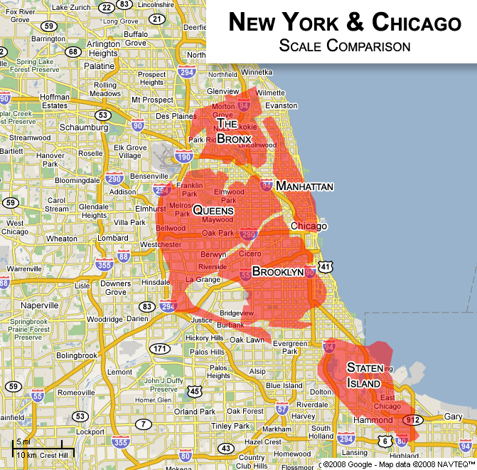 chicago to new york map Nyc Overlayed With Chicago Skyscrapercity chicago to new york map