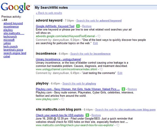 SearchWiki My Notes Page