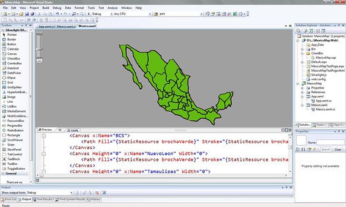 Visual Studio .NET 2008 mostrando el mapa de México hecho XAML