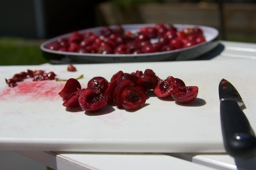 pitting cherries in the back yard