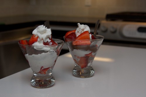 chocolate pudding with whipped cream & strawberries