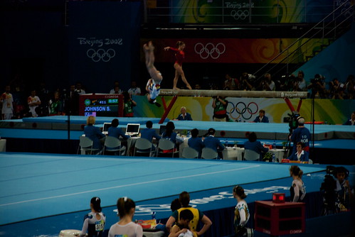 Heres Shawn Johnson again, totally focussed even though the Floor Exerciser next to her had some particularly loud and obnoxious music.