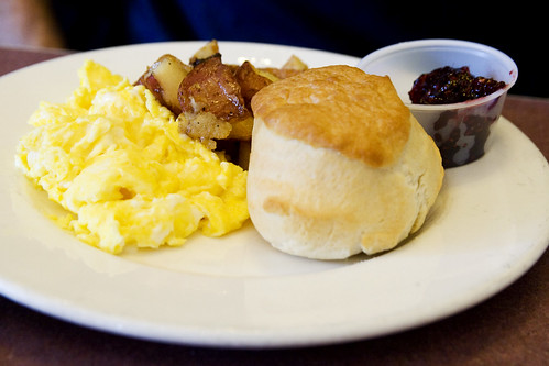 eggs, potatoes, and a biscuit