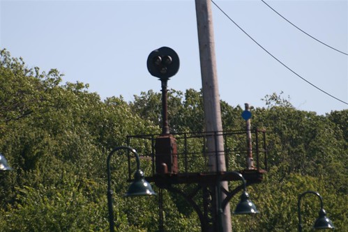 Three aspect signal on old signal tower