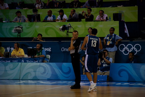 Apparently Sting is refereeing Olympic Games. Here hes reprimanding the Greek player for swearing.