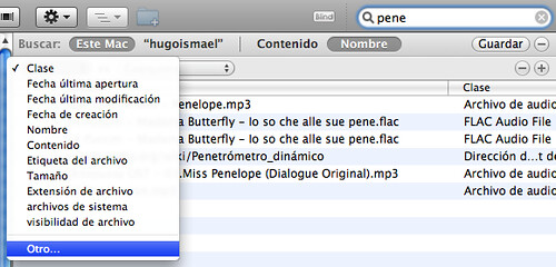 Captura de Spotlight en Mac OS X con un selector de criterios de búsqueda en posición Otro...