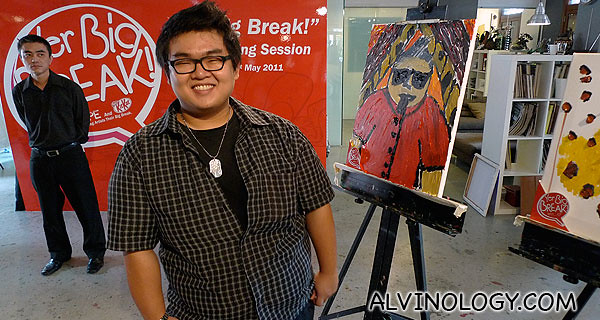 Yong Wei with a narcissitic painting of himself