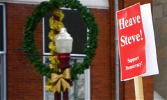 Heave Steve Sign Spotted at Pro-Coalition Government Rally, Peterborough, Ontario