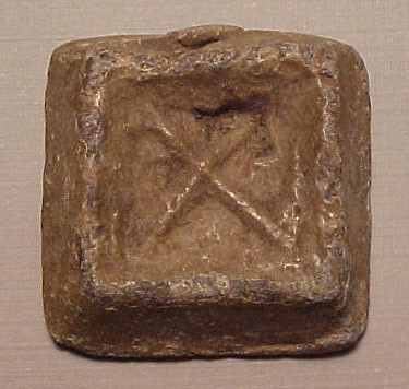Roman small square lead weight , 26.16 gm., with alpha on one side and chi on the other