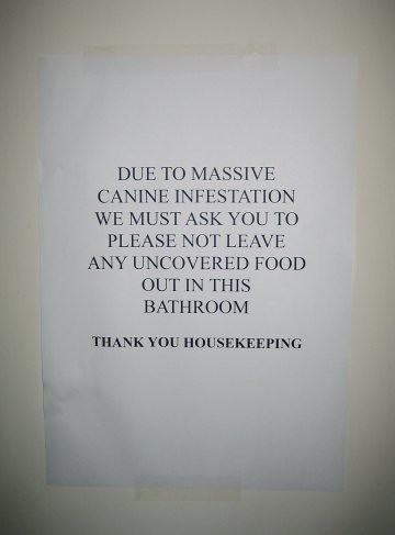 Due to massive canine infestation we must ask you to please not leave any uncovered food out in this bathroom. Thank you Housekeeping