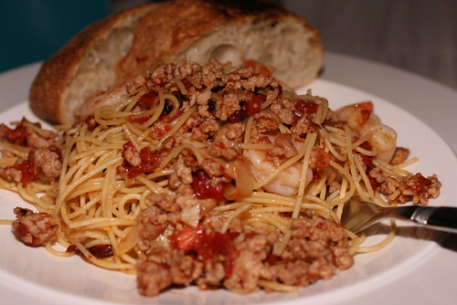 Angel Hair with Slow Roasted Tomatoes, Shrimp, and Minced Pork