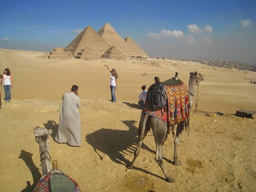 a girl poses while her camel takes a piss