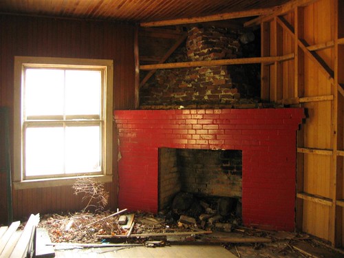 Red brick fireplace