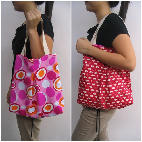 Reversible tote bag - Pink bubble VS red piggie