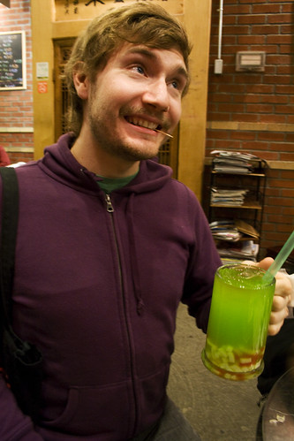 Tristan likes his green drink with jello bits