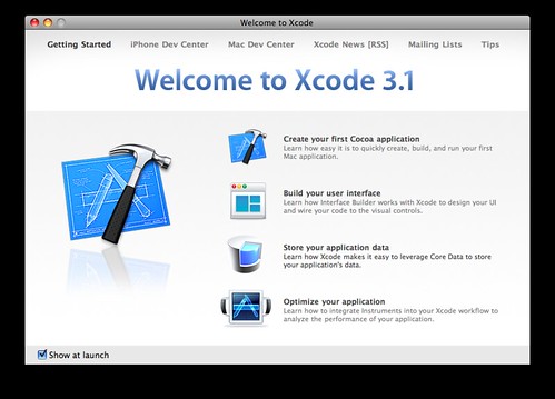 XCode 3.1 startup screen