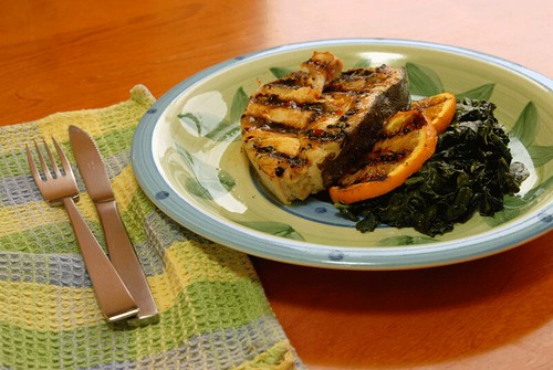 Grilled Halibut and Oranges with Kale