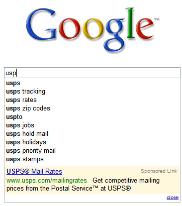 US Postal Service Ad In Google Search Suggest