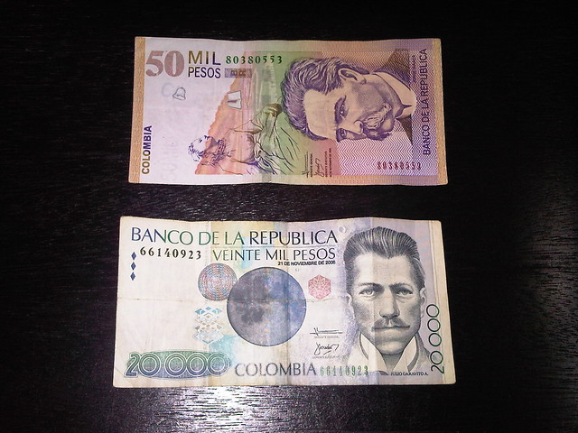 The commonly used 50,000 Mil (thousand) and 20,000 Mil Colombian Peso bills.