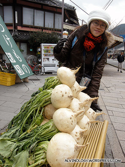 A roadside stall selling giant turnips