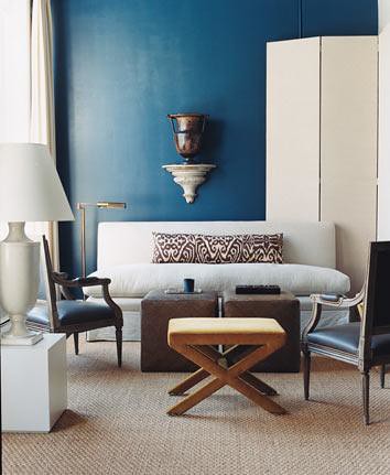 Modern blue + white living room: 'Galapagos Turquoise' by Benjamin Moore
