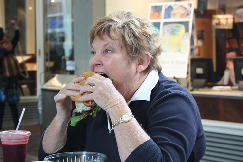 Auntie Sue gets stuck in to her burger at OGGI