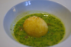 panko crusted soft boiled egg in pea pistou